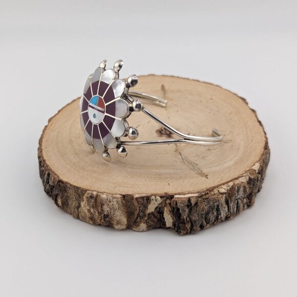 Authentic Native American Sun Face Inlay Cuff Sterling Silver Bracelet Sz 7 in.* - Picture 5 of 9